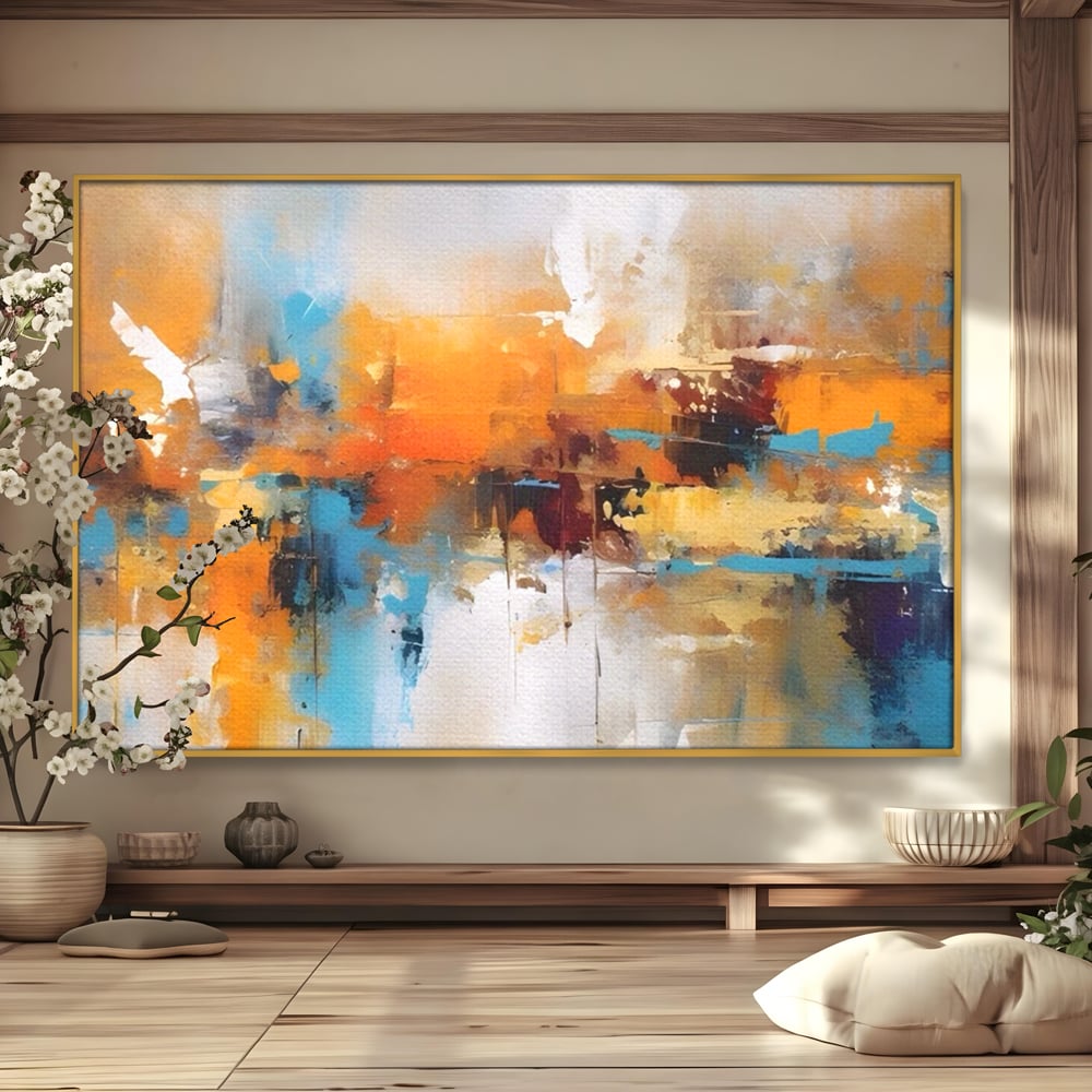 Tablou canvas cu tablou canvas abstract orizontal, in rama de aluminiu auriu